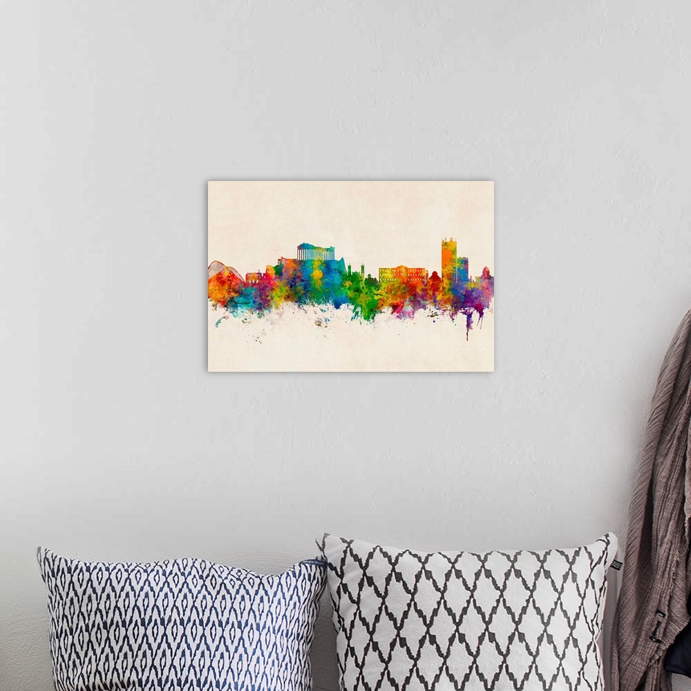 A bohemian room featuring Watercolor art print of the skyline of Athens, Greece.
