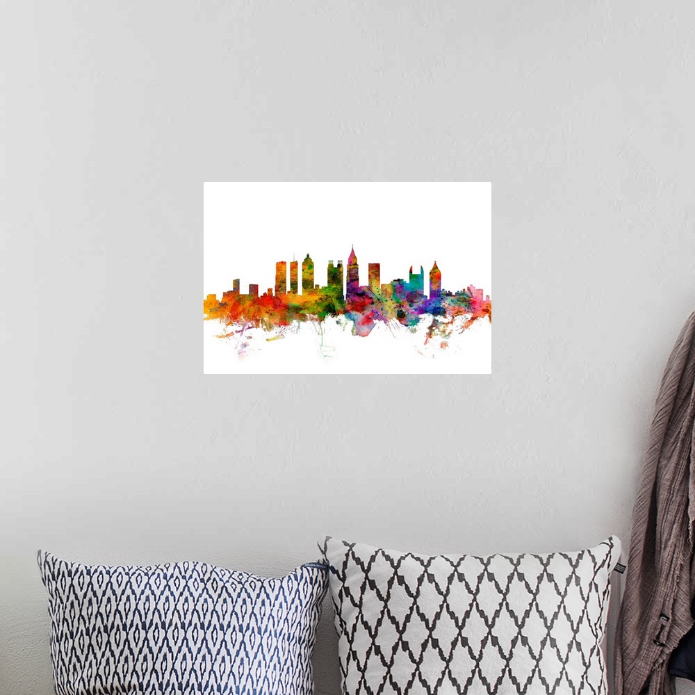 A bohemian room featuring Watercolor artwork of the Atlanta skyline against a white background.