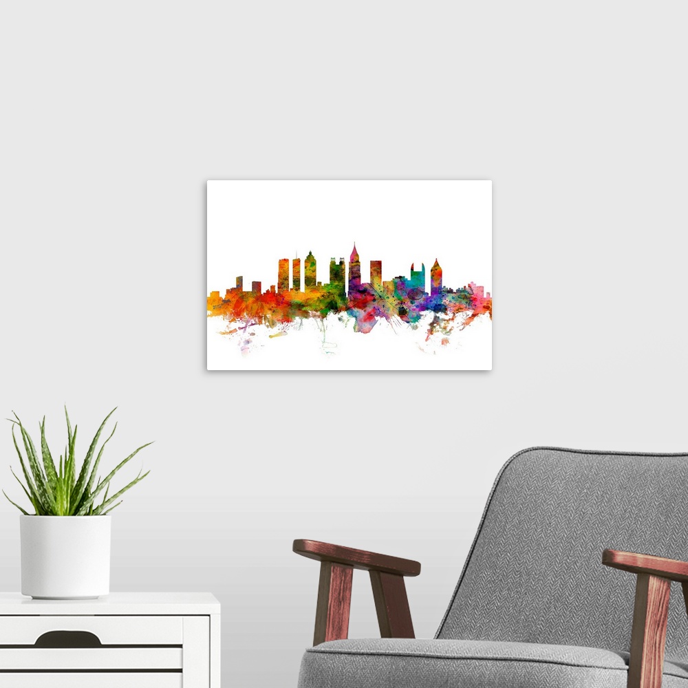 A modern room featuring Watercolor artwork of the Atlanta skyline against a white background.