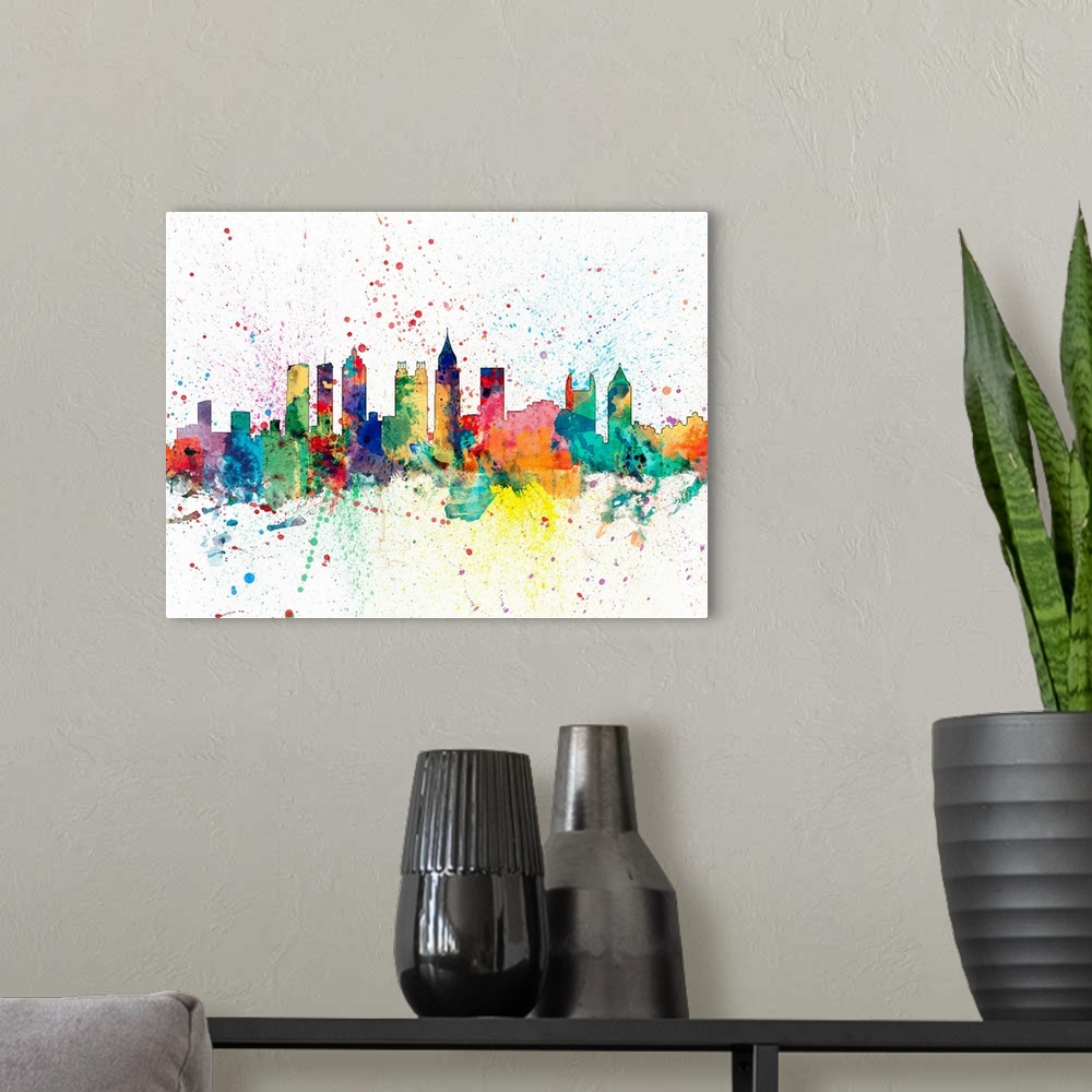 A modern room featuring Contemporary colorful paint splash of the Atlanta skyline.