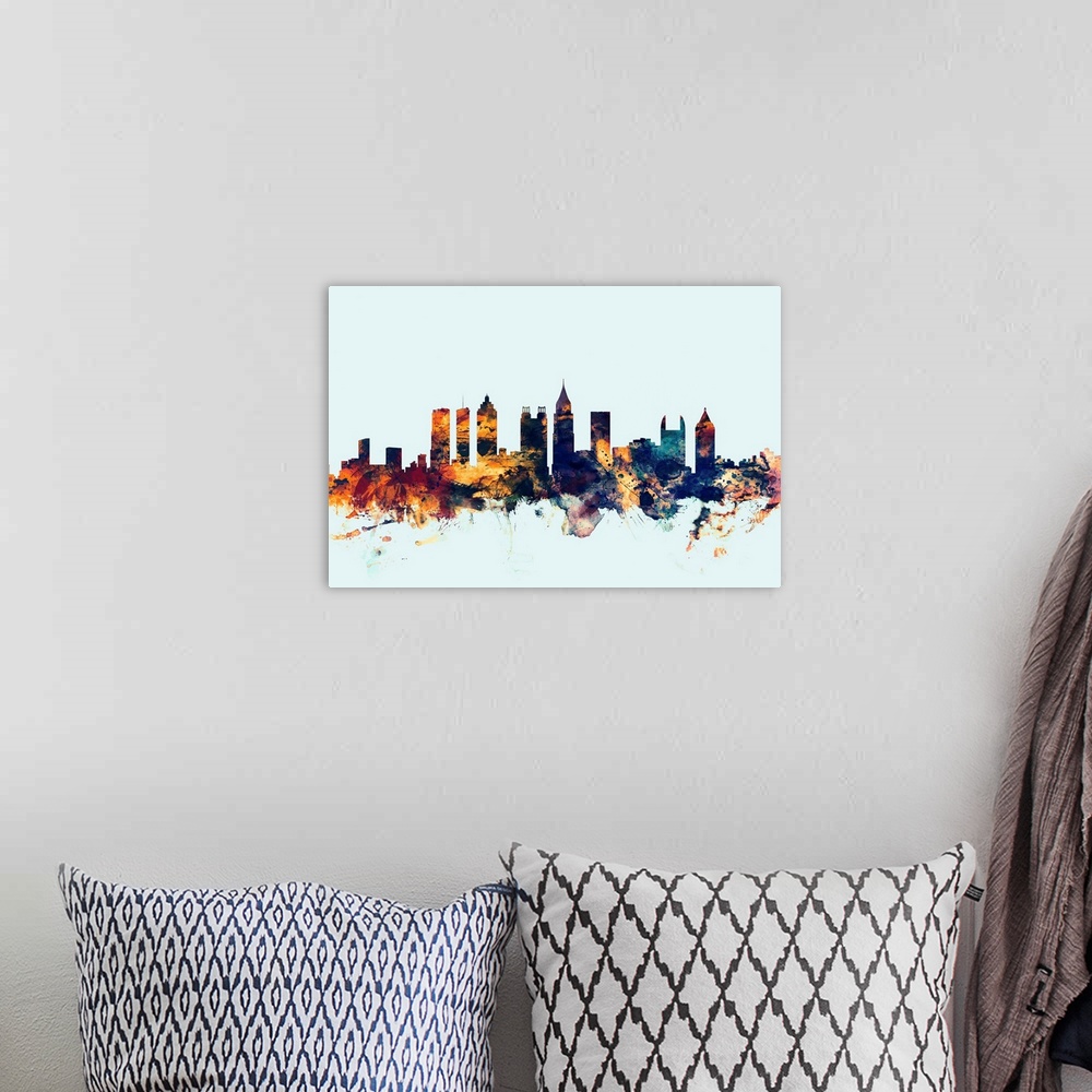 A bohemian room featuring Dark watercolor silhouette of the Atlanta city skyline against a light blue background.
