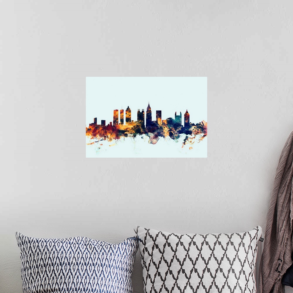 A bohemian room featuring Dark watercolor silhouette of the Atlanta city skyline against a light blue background.