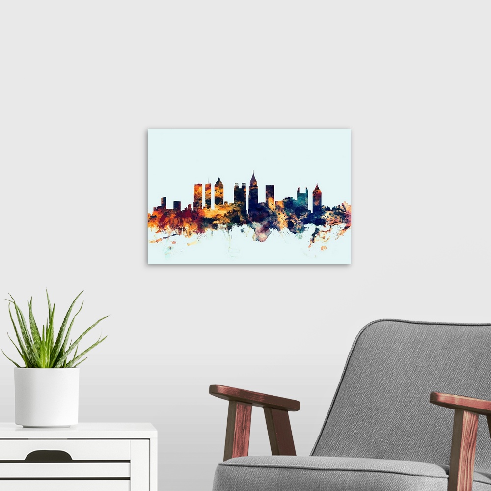 A modern room featuring Dark watercolor silhouette of the Atlanta city skyline against a light blue background.