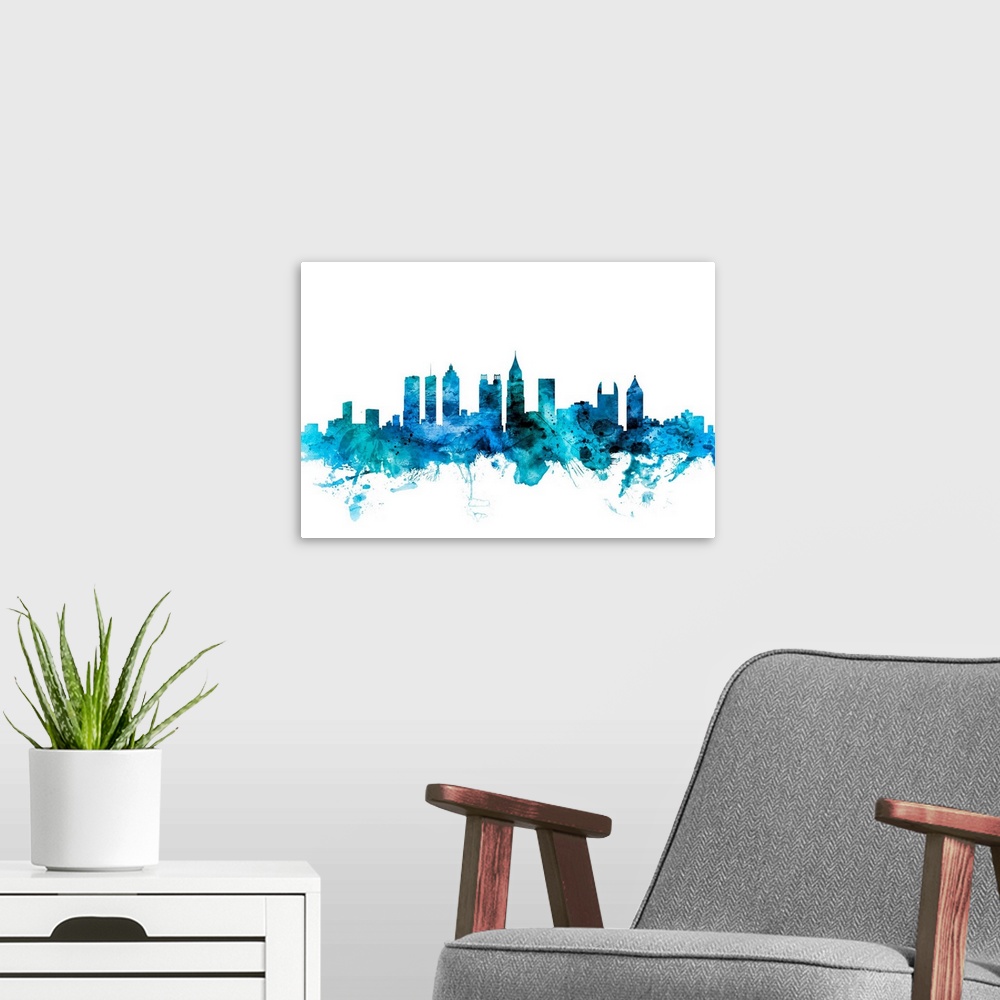 A modern room featuring Watercolor art print of the skyline of Atlanta, Georgia, United States.