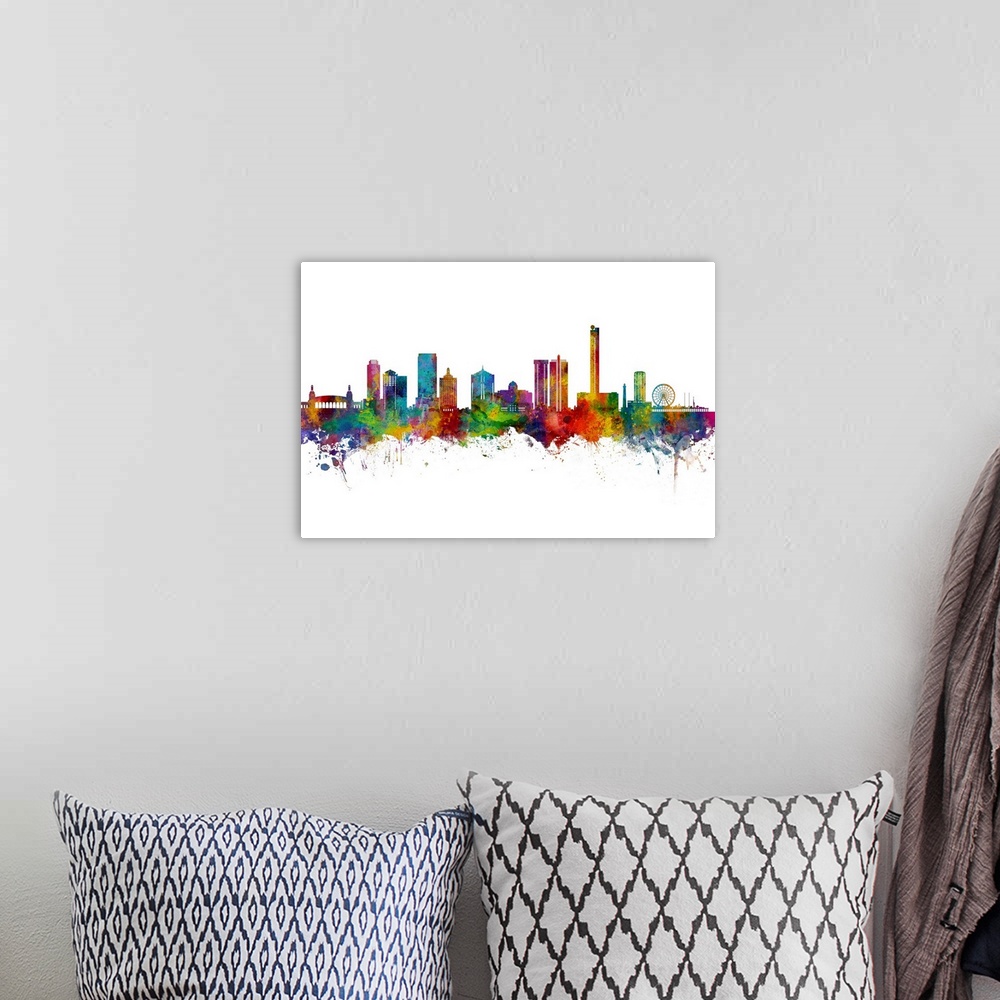 A bohemian room featuring Watercolor art print of the skyline of Atlantic City, New Jersey