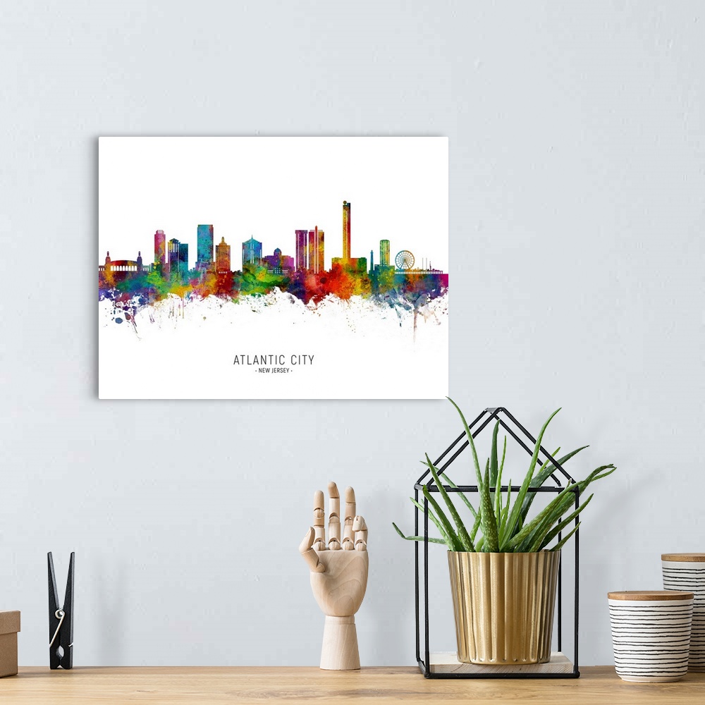 A bohemian room featuring Watercolor art print of the skyline of Atlantic City, New Jersey