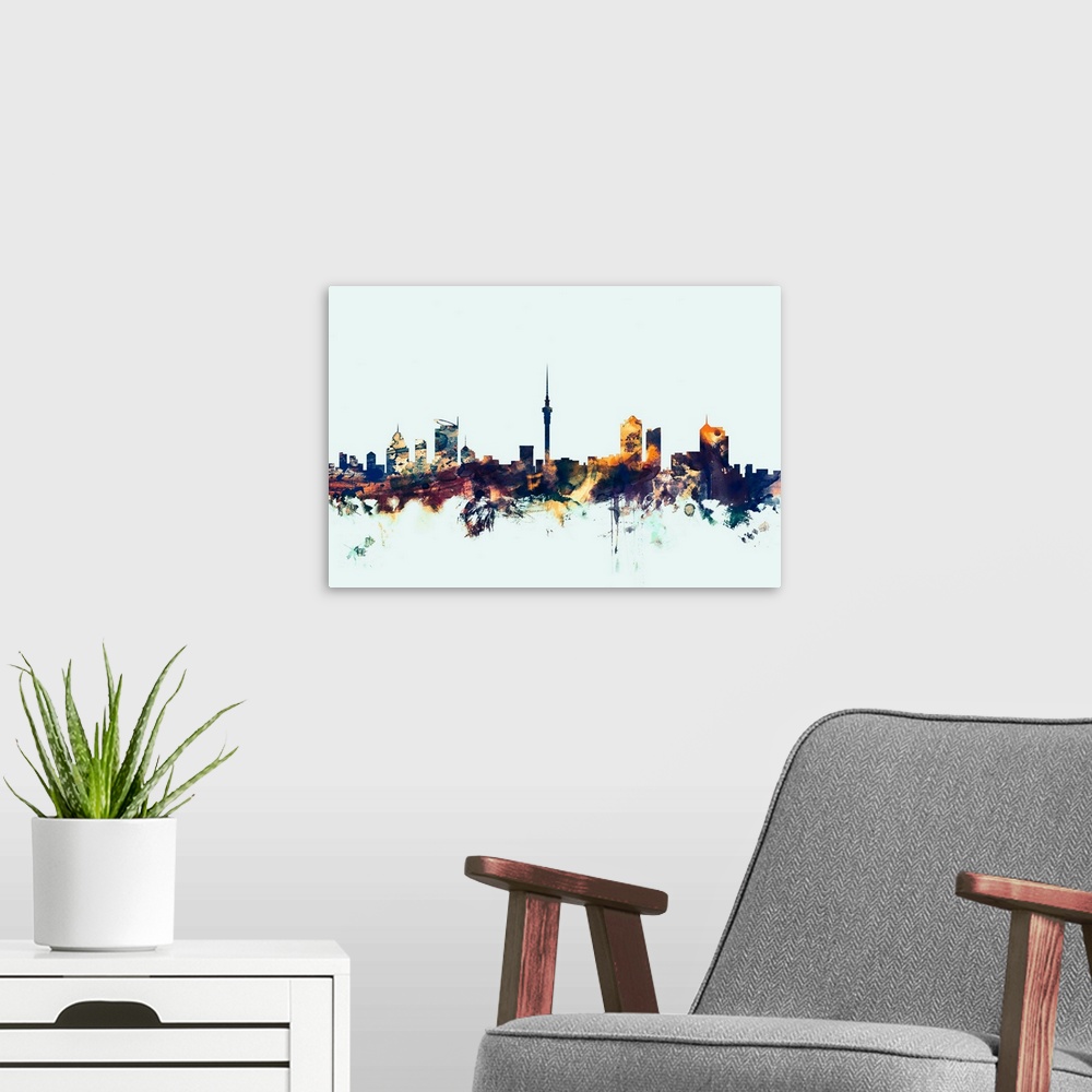 A modern room featuring Watercolor art print of the skyline of Auckland, New Zealand