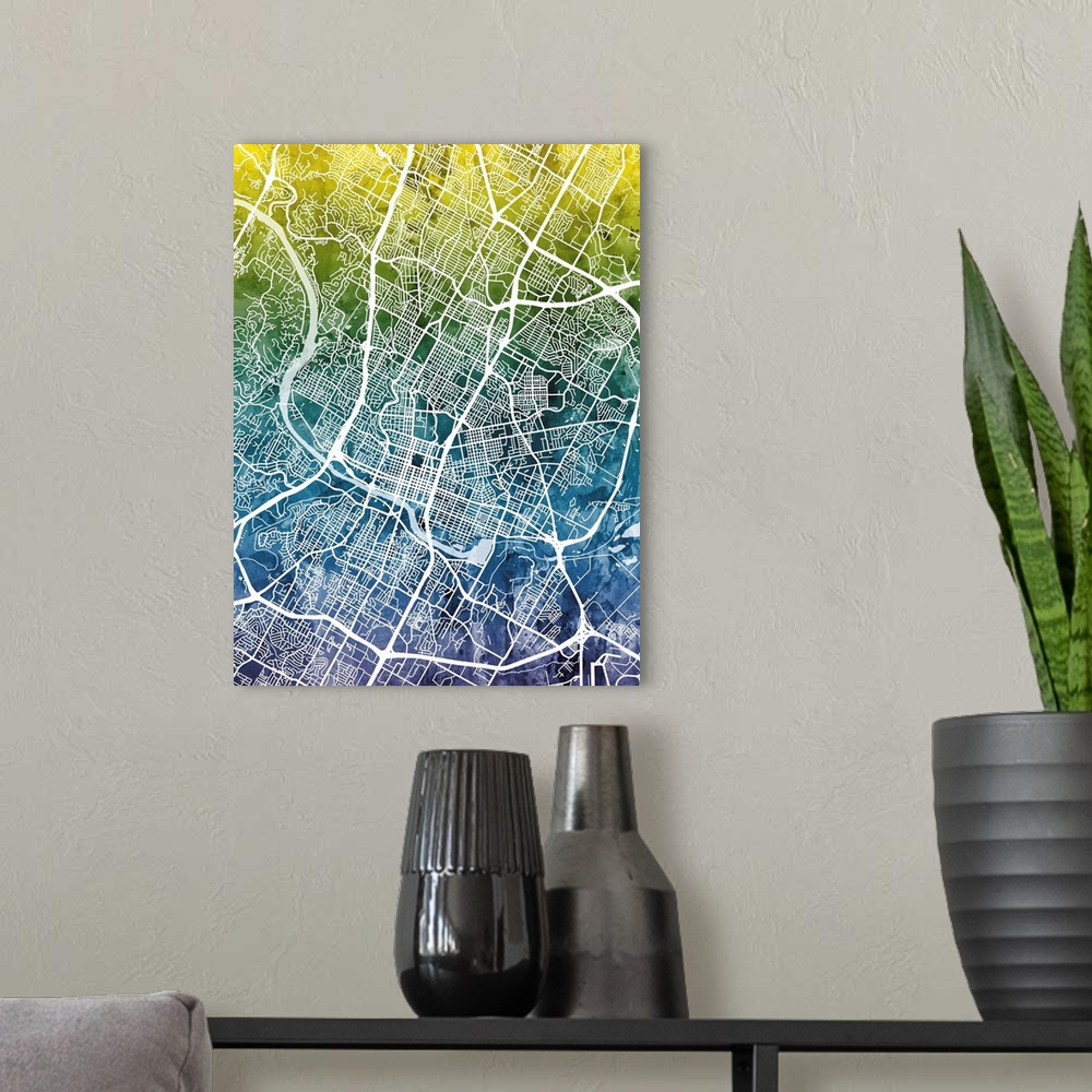 A modern room featuring Watercolor street map of Austin, Texas, United States