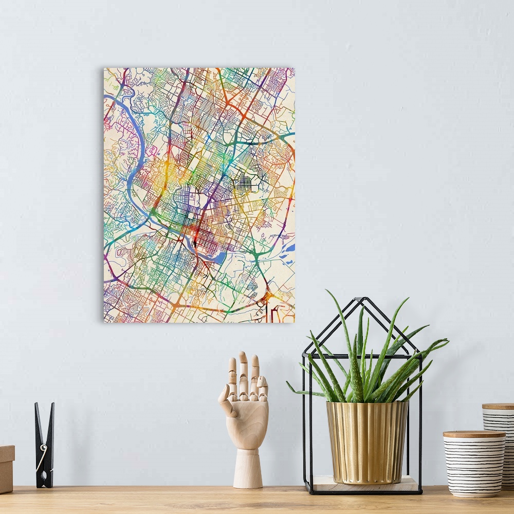 A bohemian room featuring Watercolor street map of Austin, Texas, United States