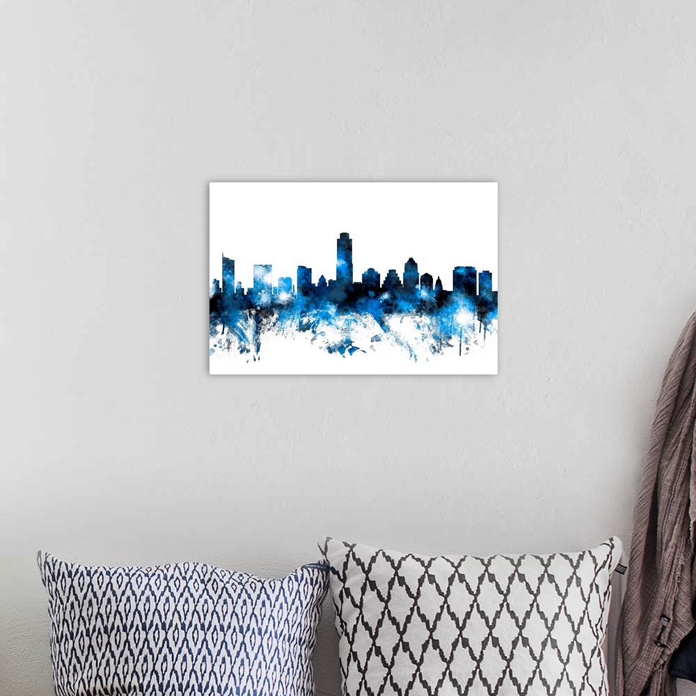 A bohemian room featuring Contemporary piece of artwork of the Austin skyline made of colorful paint splashes.
