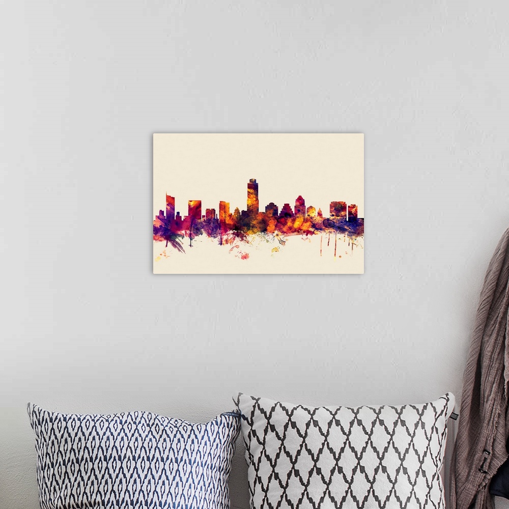 A bohemian room featuring Contemporary artwork of the Austin city skyline in watercolor paint splashes.
