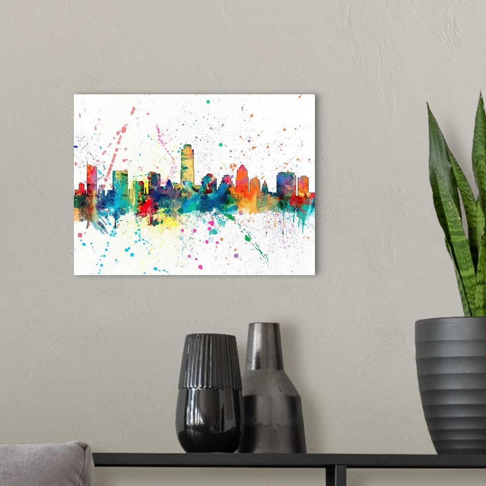 A modern room featuring Wild and vibrant paint splatter silhouette of the Austin skyline.