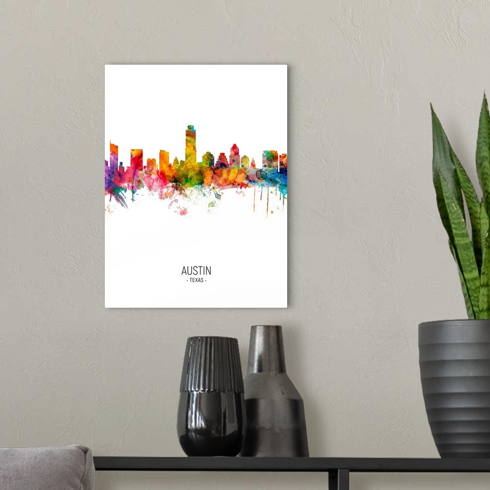 A modern room featuring Watercolor art print of the skyline of Austin, Texas, United States