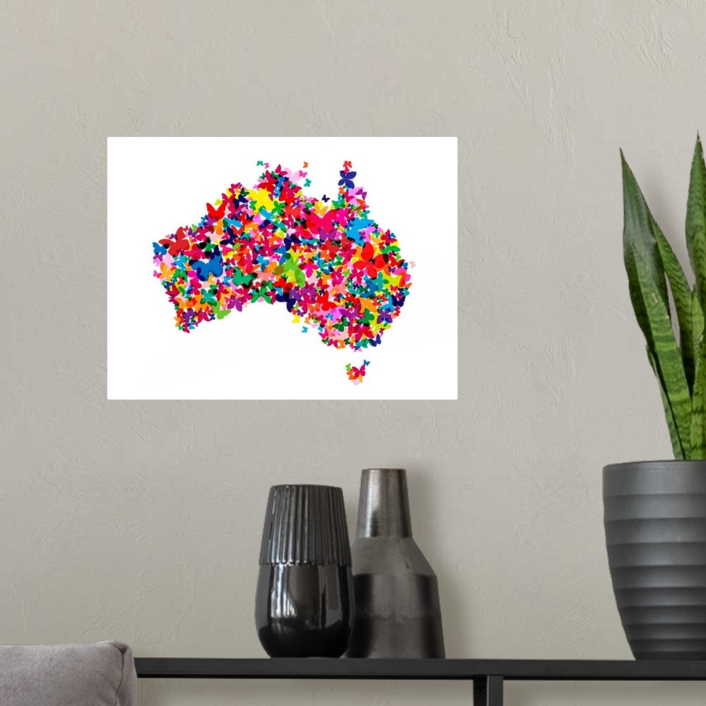 A modern room featuring Contemporary piece of artwork of a map of Australia made of colorful butterflies.