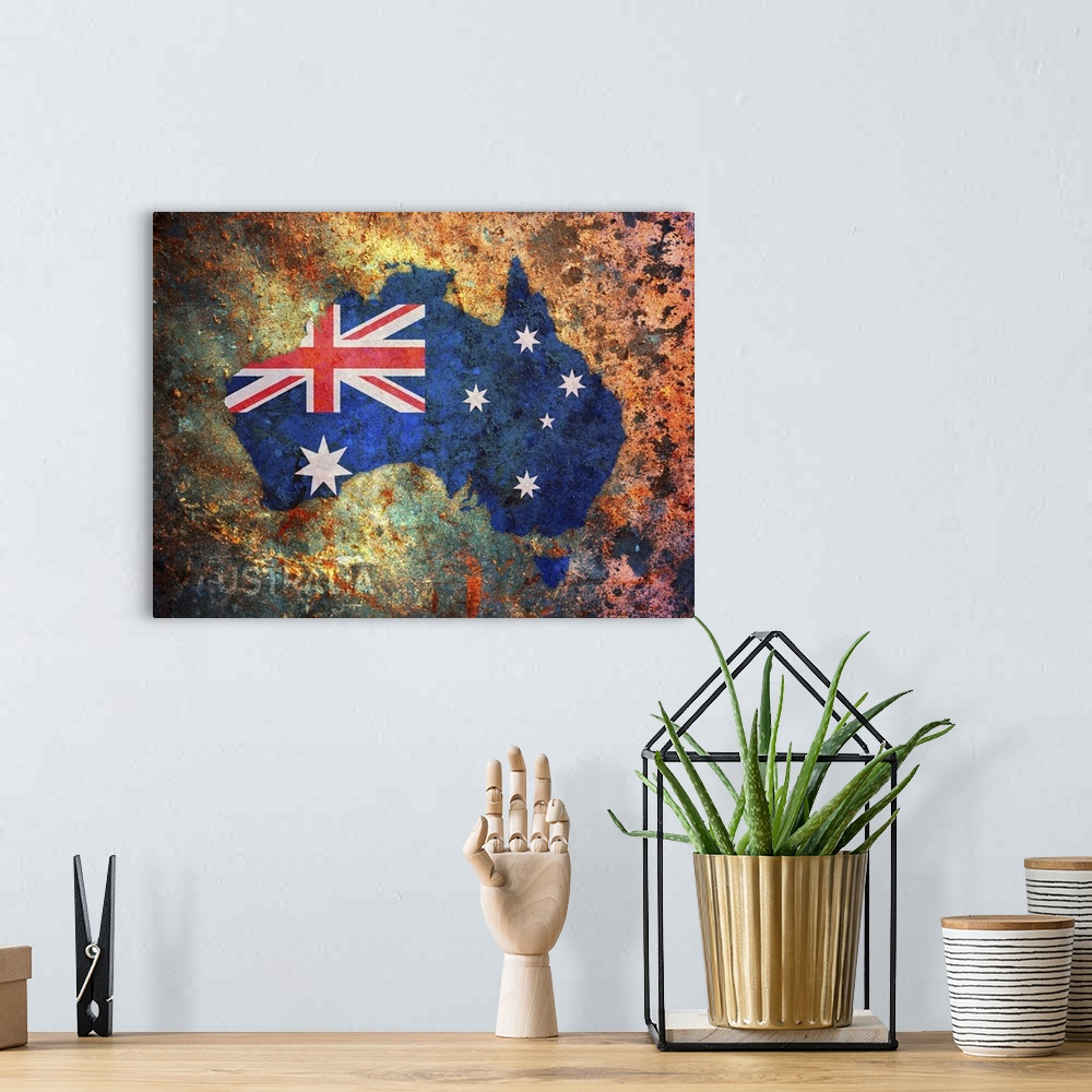 A bohemian room featuring The Australian flag is used in the shape of the country against a very rustic background.