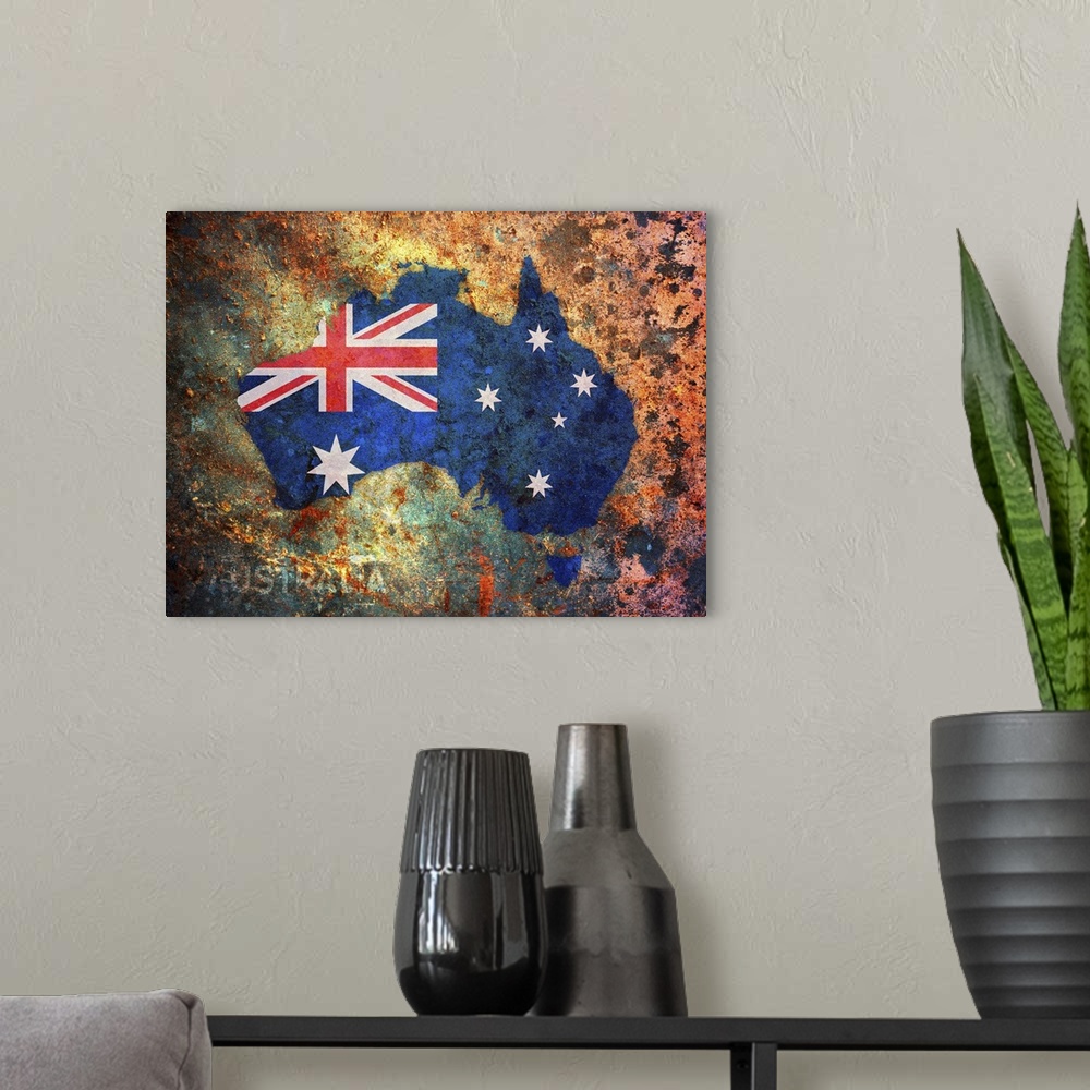 A modern room featuring The Australian flag is used in the shape of the country against a very rustic background.