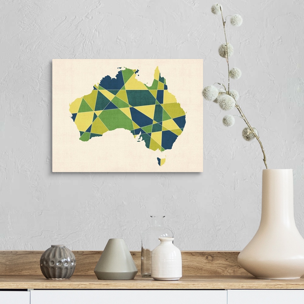 A farmhouse room featuring Contemporary artwork of a geometric and prismatic map of Australia.
