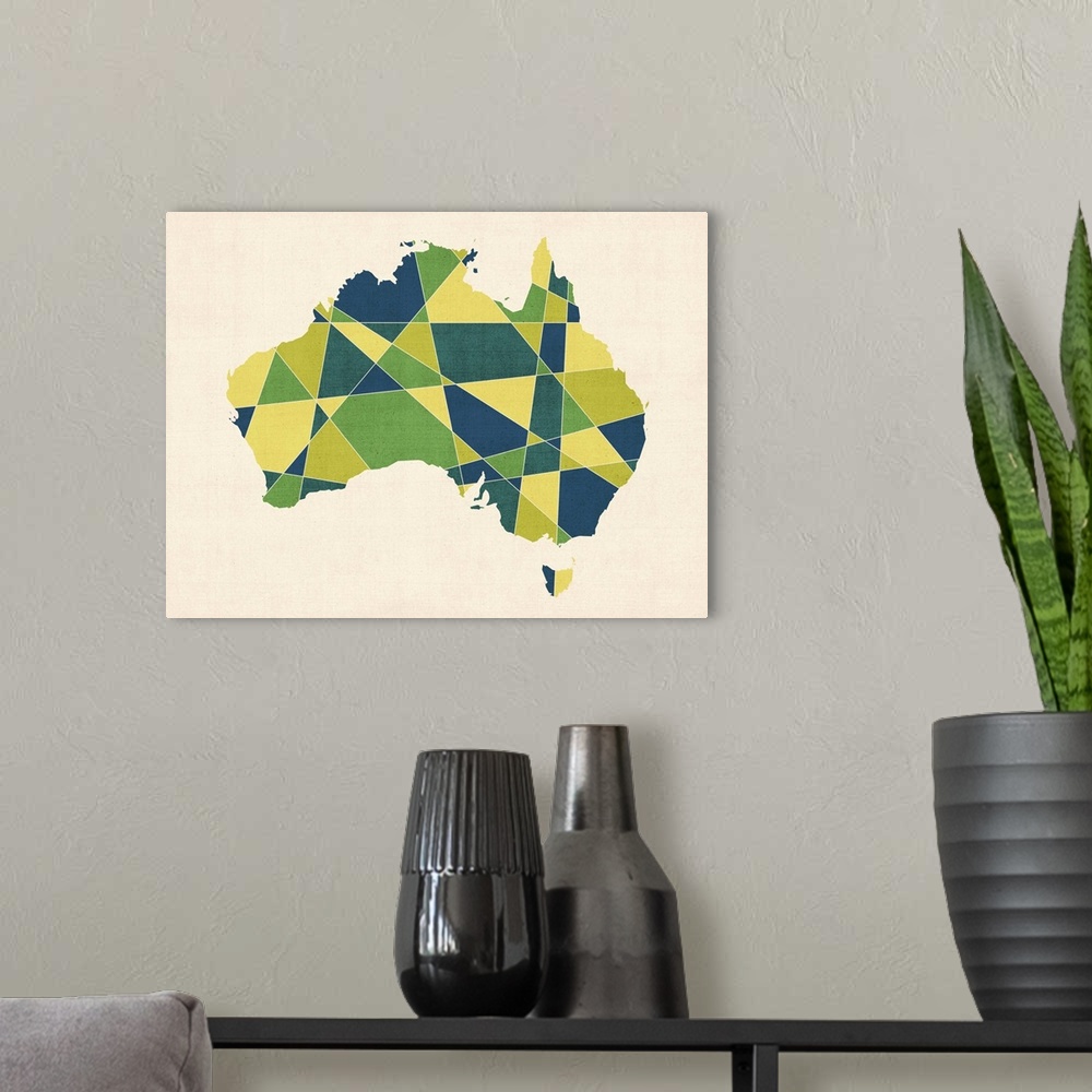 A modern room featuring Contemporary artwork of a geometric and prismatic map of Australia.