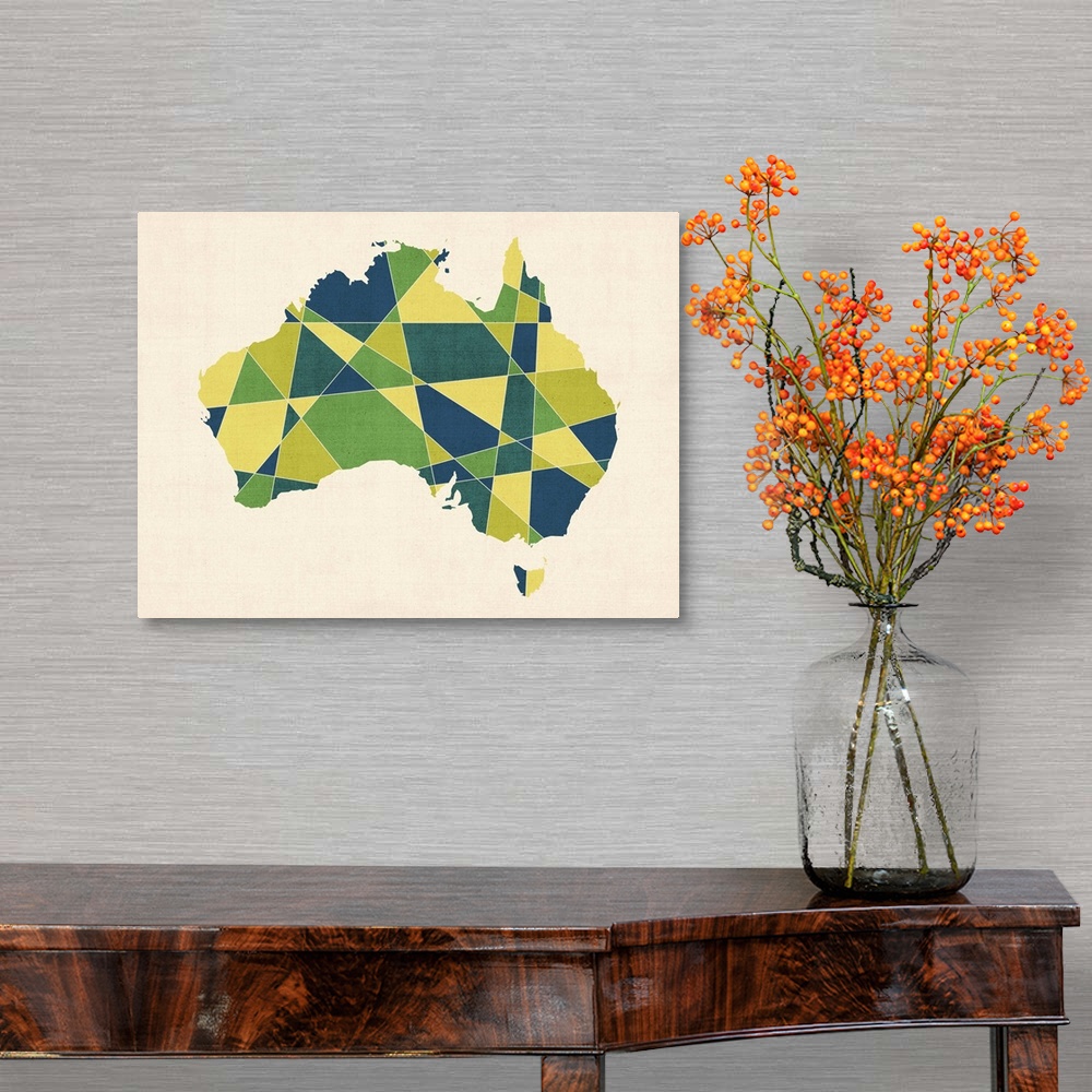 A traditional room featuring Contemporary artwork of a geometric and prismatic map of Australia.