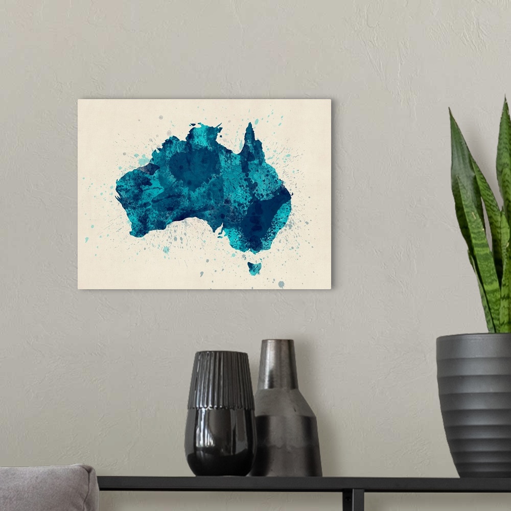 A modern room featuring Contemporary artwork of a map of the country Australia made of colorful paint splashes.