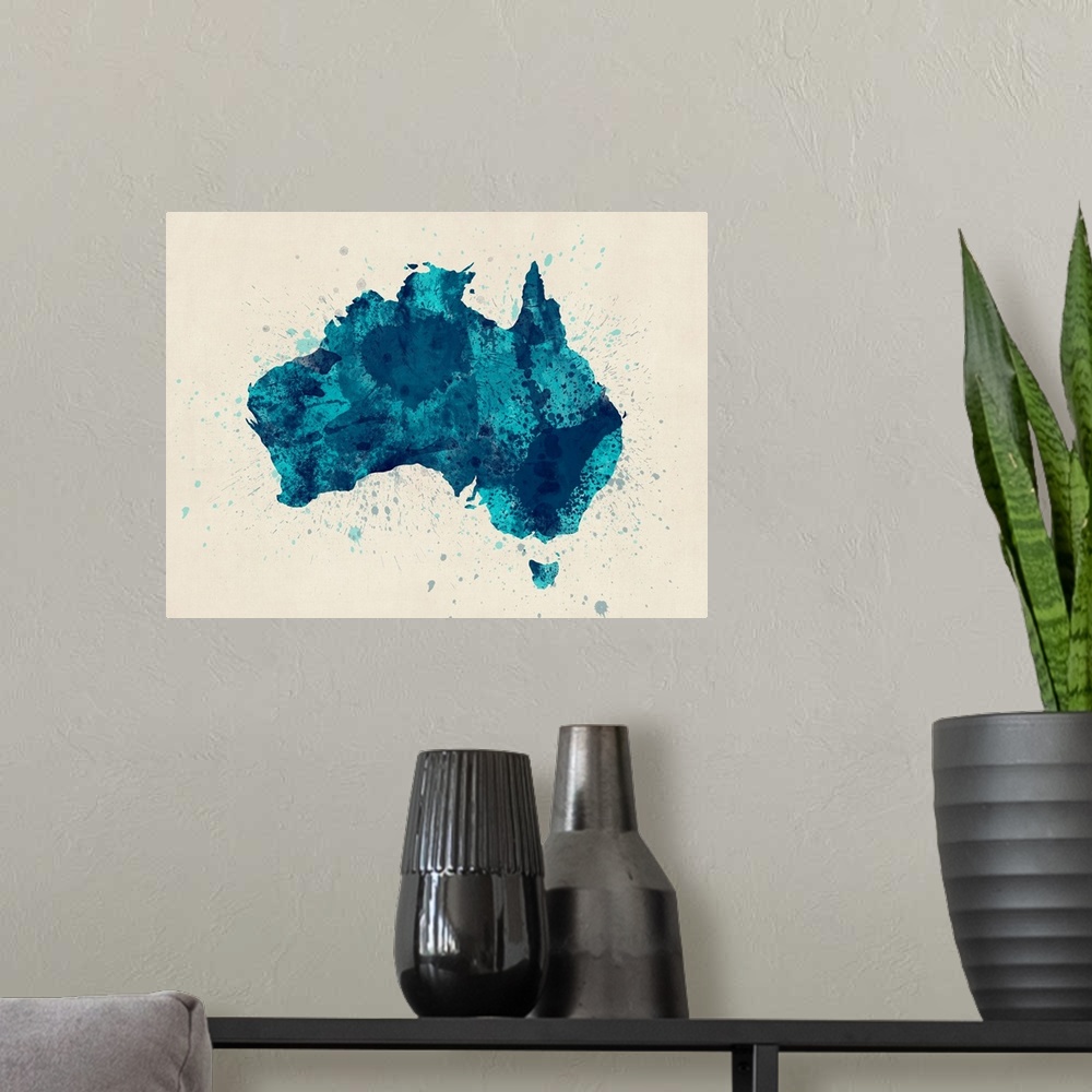 A modern room featuring Contemporary artwork of a map of the country Australia made of colorful paint splashes.