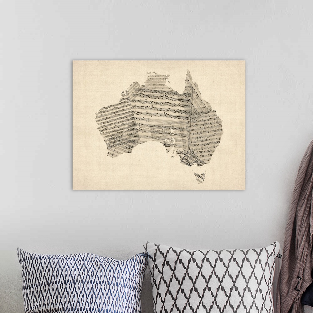 A bohemian room featuring Australia Sheet Music Map