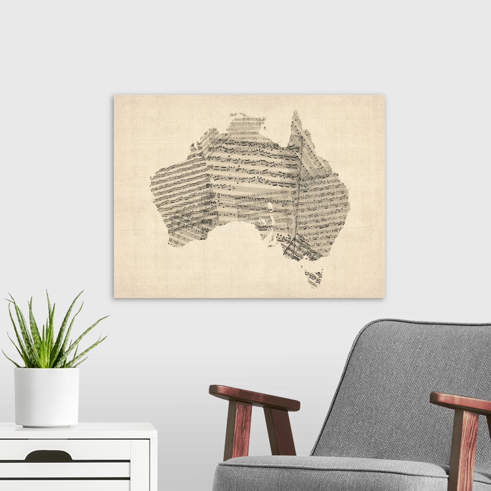 A modern room featuring Australia Sheet Music Map