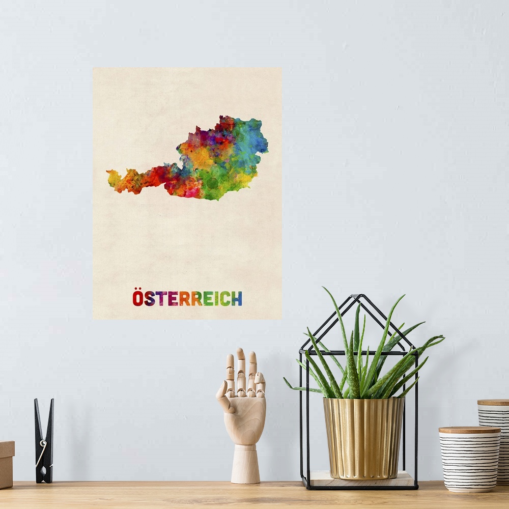 A bohemian room featuring Colorful watercolor art map of Austria against a distressed background.
