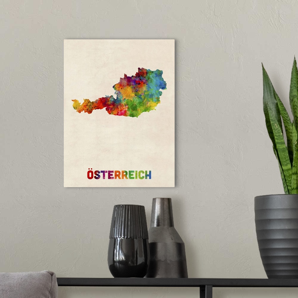 A modern room featuring Colorful watercolor art map of Austria against a distressed background.