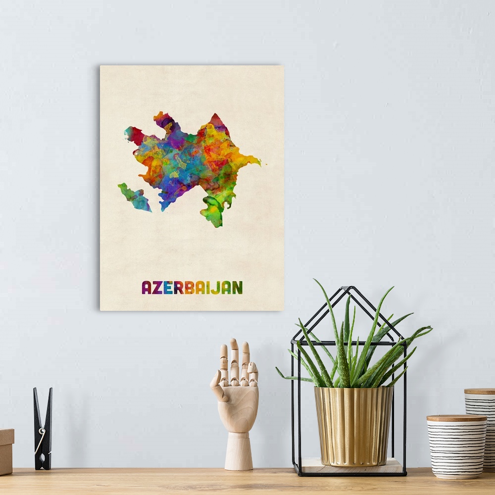 A bohemian room featuring A watercolor map of Azerbaijan.