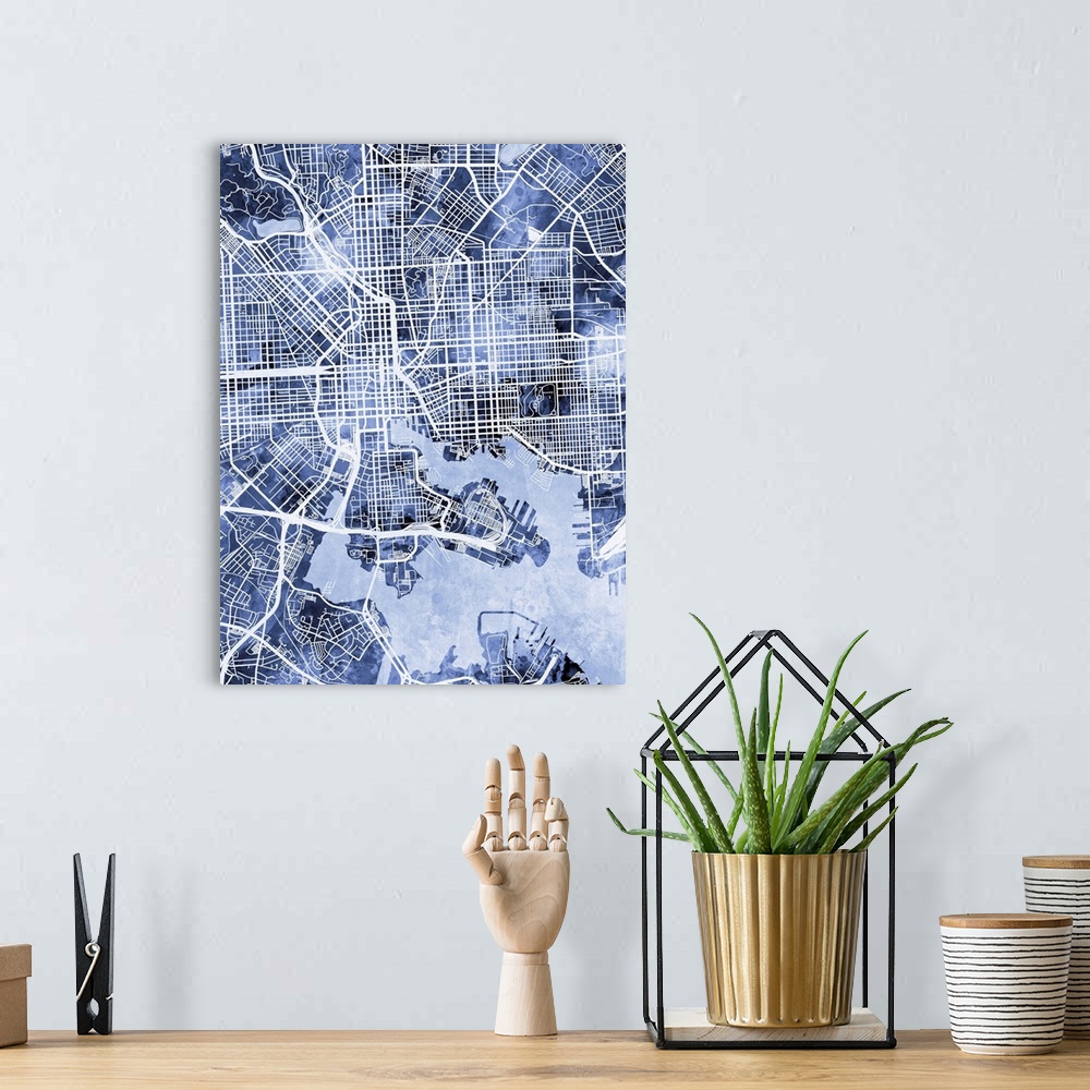 A bohemian room featuring Blue toned city street map artwork of Baltimore, Maryland.
