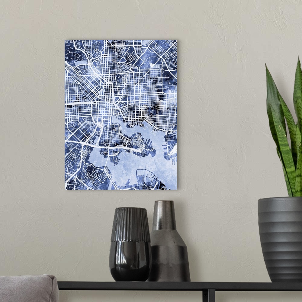 A modern room featuring Blue toned city street map artwork of Baltimore, Maryland.