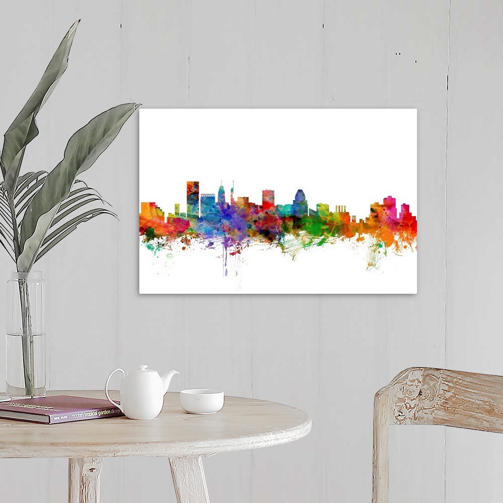 A farmhouse room featuring Watercolor artwork of the Baltimore skyline against a white background.