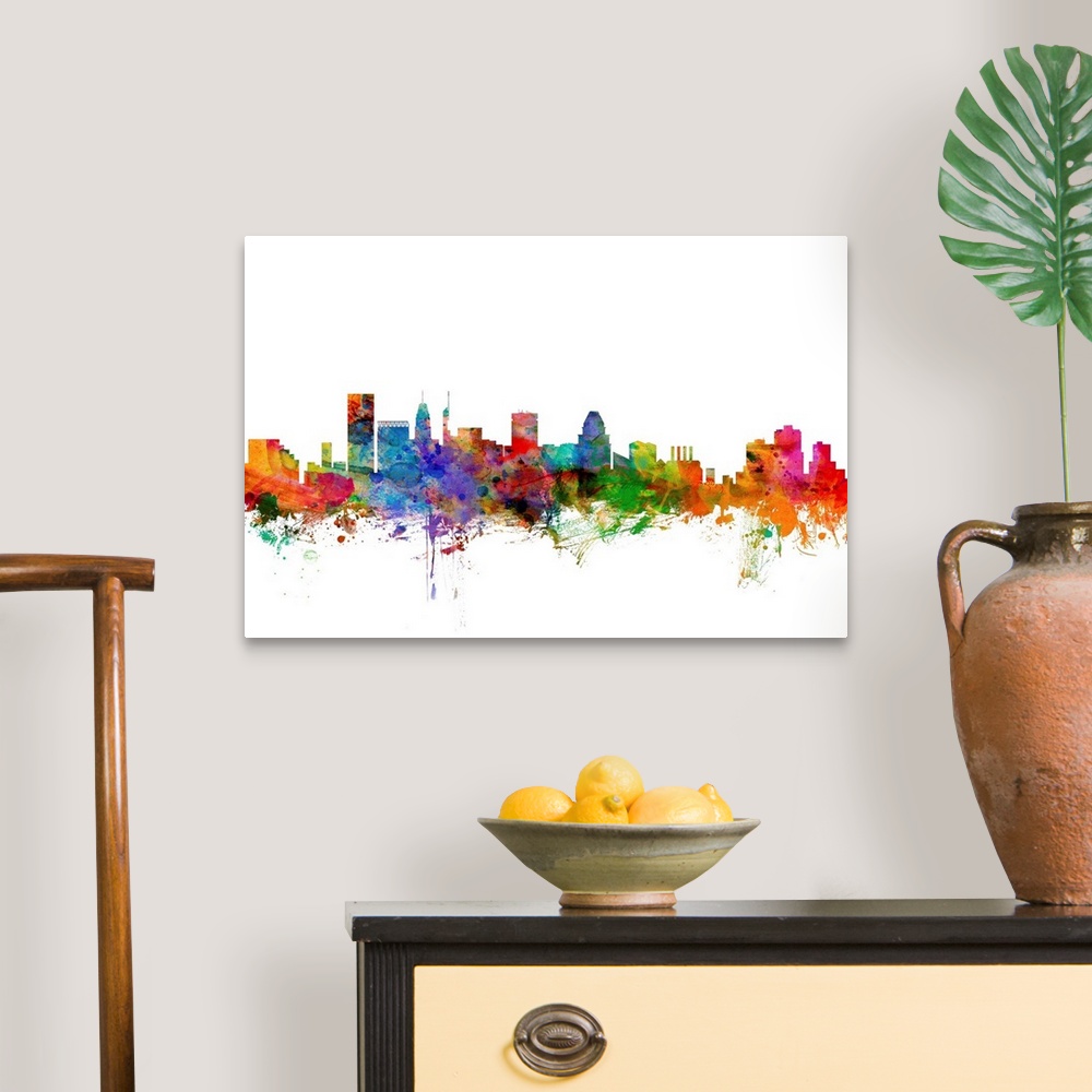 A traditional room featuring Watercolor artwork of the Baltimore skyline against a white background.