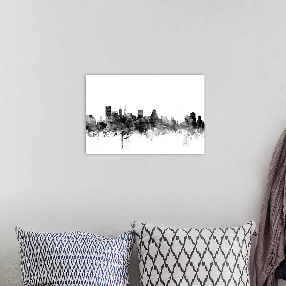 A bohemian room featuring Contemporary artwork of the Baltimore city skyline in black watercolor paint splashes.