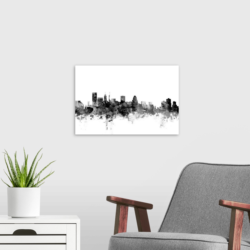 A modern room featuring Contemporary artwork of the Baltimore city skyline in black watercolor paint splashes.