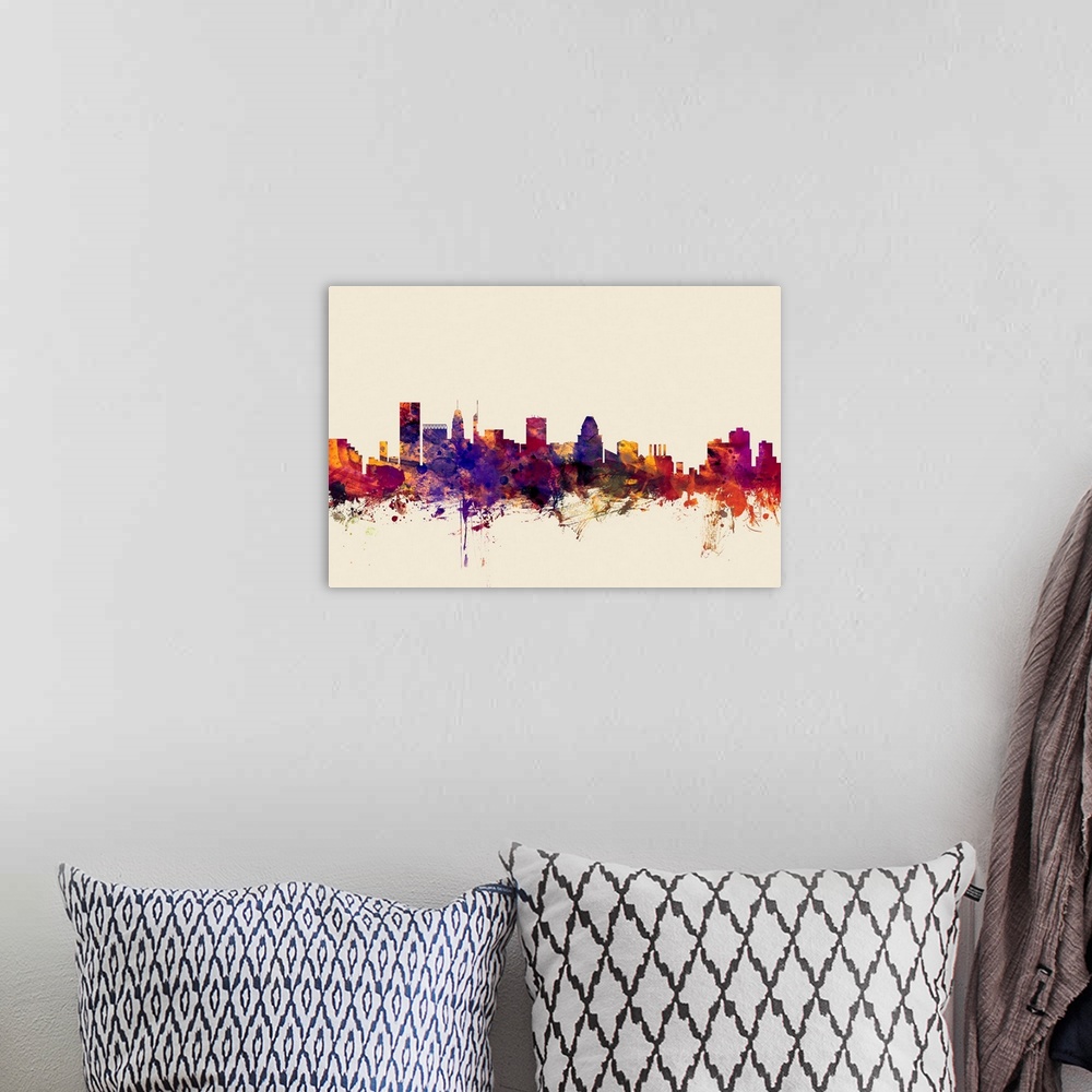 A bohemian room featuring Contemporary artwork of the Baltimore city skyline in watercolor paint splashes.