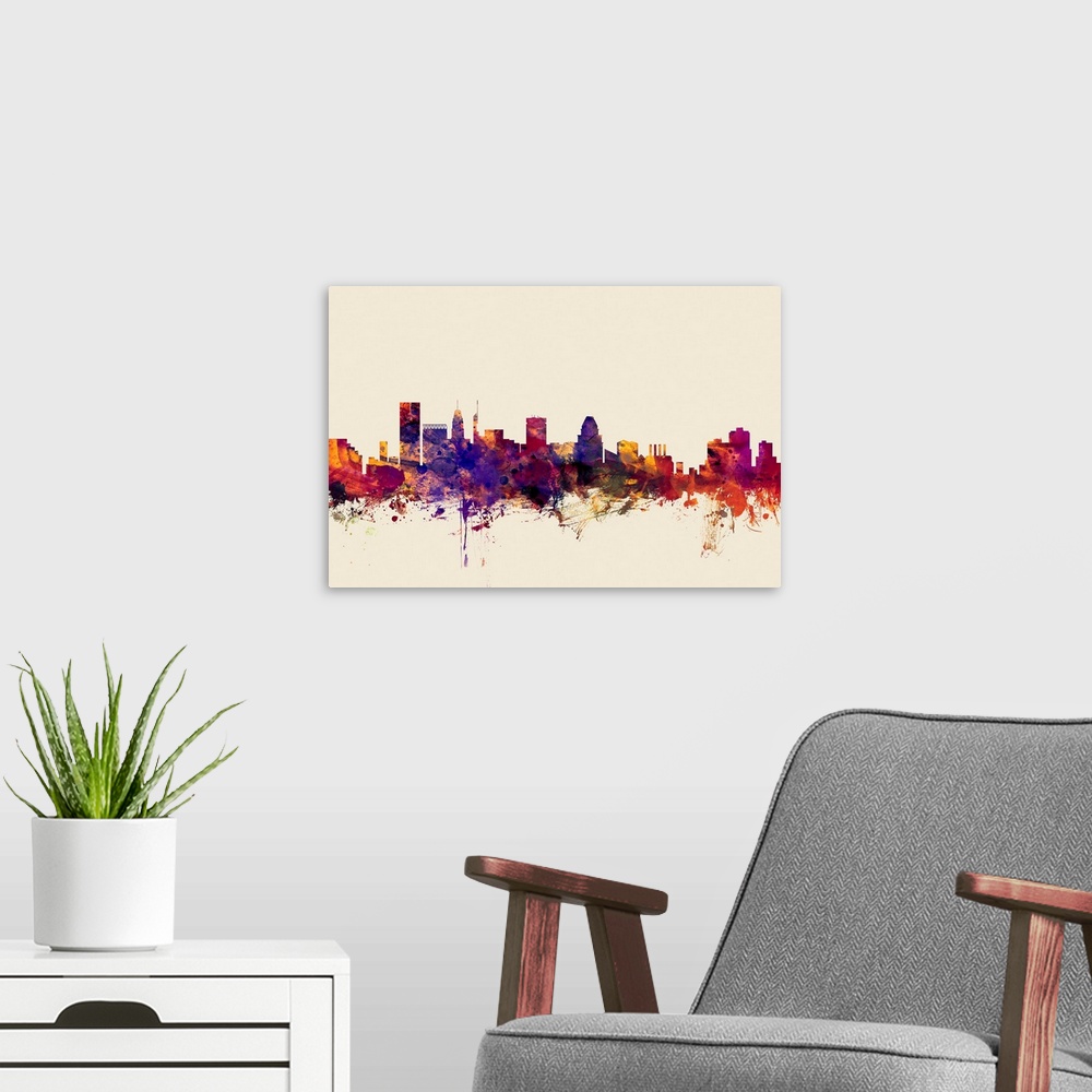 A modern room featuring Contemporary artwork of the Baltimore city skyline in watercolor paint splashes.