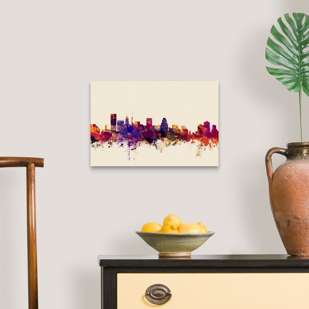 A traditional room featuring Contemporary artwork of the Baltimore city skyline in watercolor paint splashes.