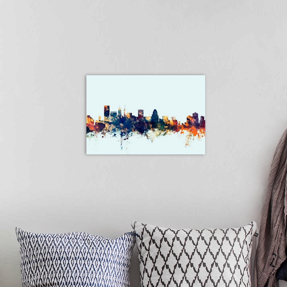 A bohemian room featuring Dark watercolor silhouette of the Baltimore city skyline against a light blue background.