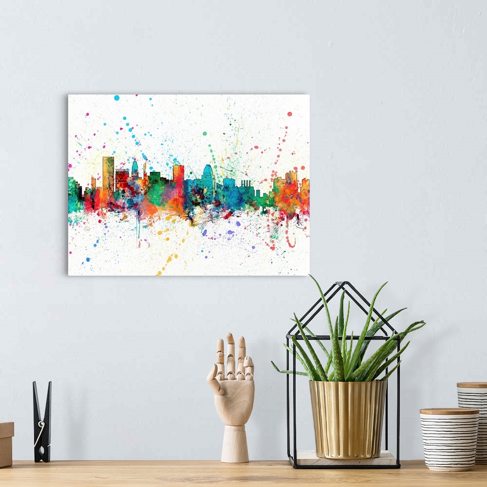A bohemian room featuring Wild and vibrant paint splatter silhouette of the Baltimore skyline.