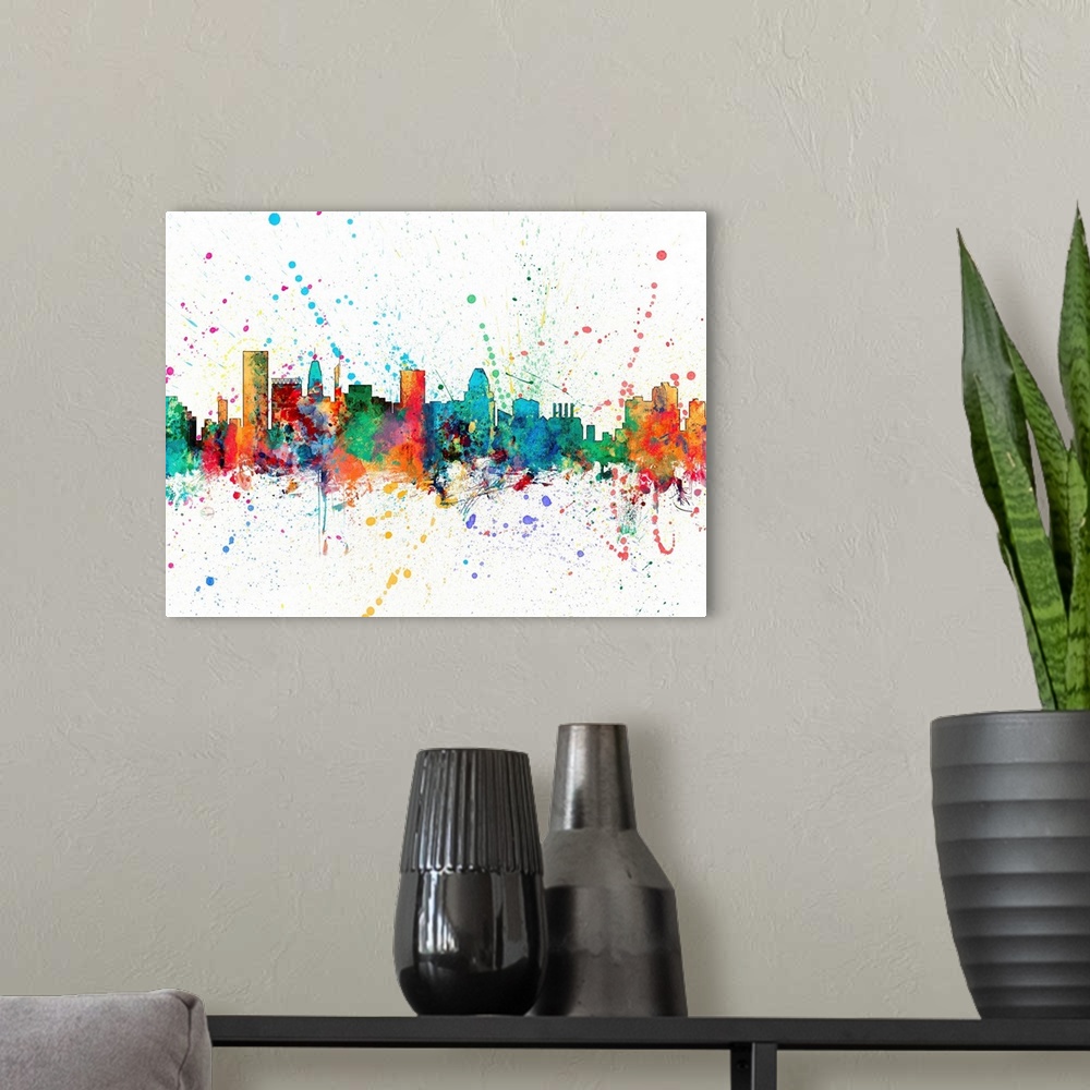 A modern room featuring Wild and vibrant paint splatter silhouette of the Baltimore skyline.