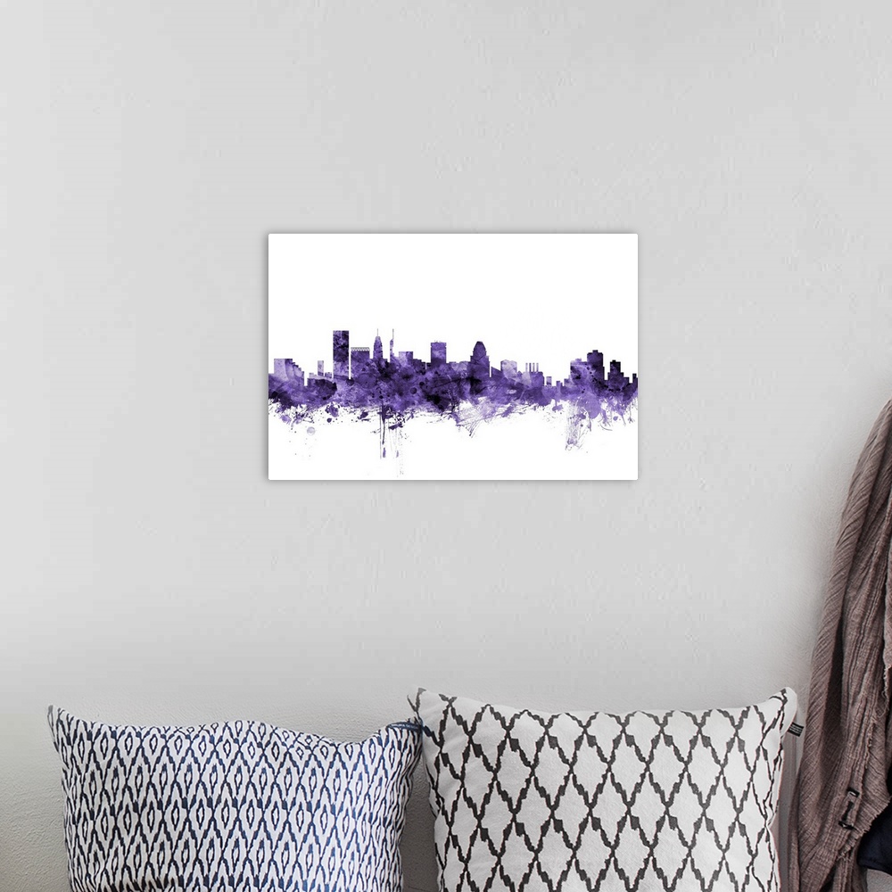 A bohemian room featuring Watercolor art print of the skyline of Baltimore, Maryland, United States
