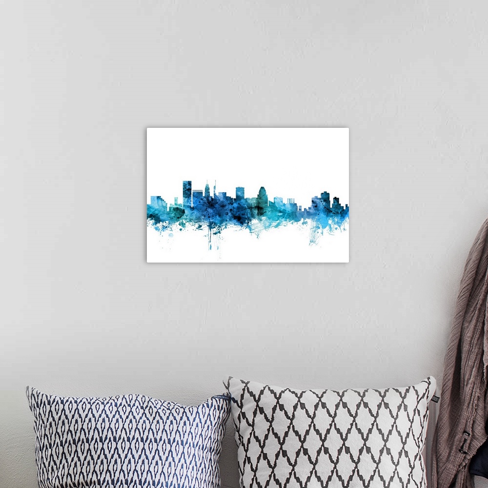 A bohemian room featuring Watercolor art print of the skyline of Baltimore, Maryland, United States.