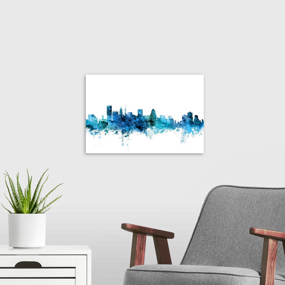 A modern room featuring Watercolor art print of the skyline of Baltimore, Maryland, United States.