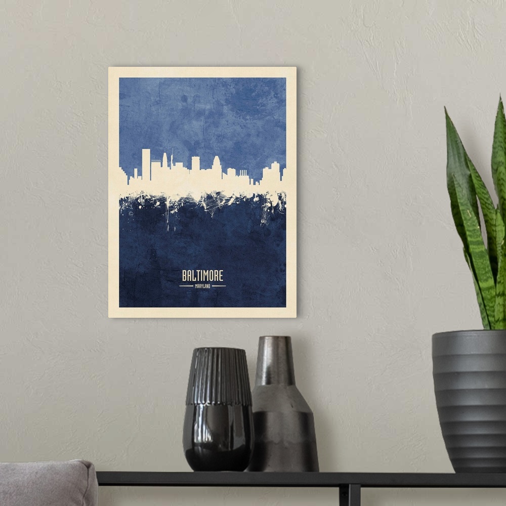 A modern room featuring Watercolor art print of the skyline of Baltimore, Maryland, United States