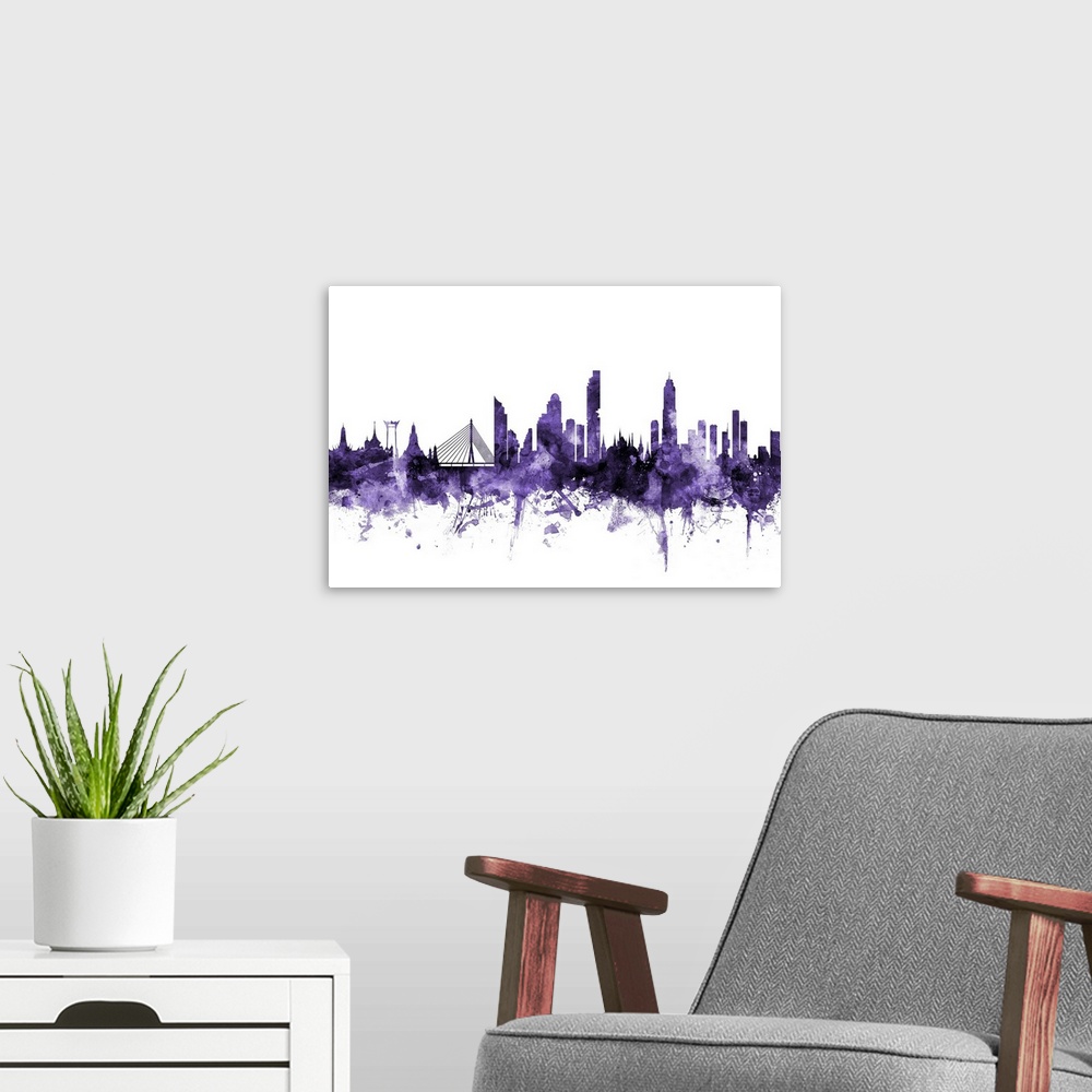 A modern room featuring Watercolor art print of the skyline of Bangkok, Thailand