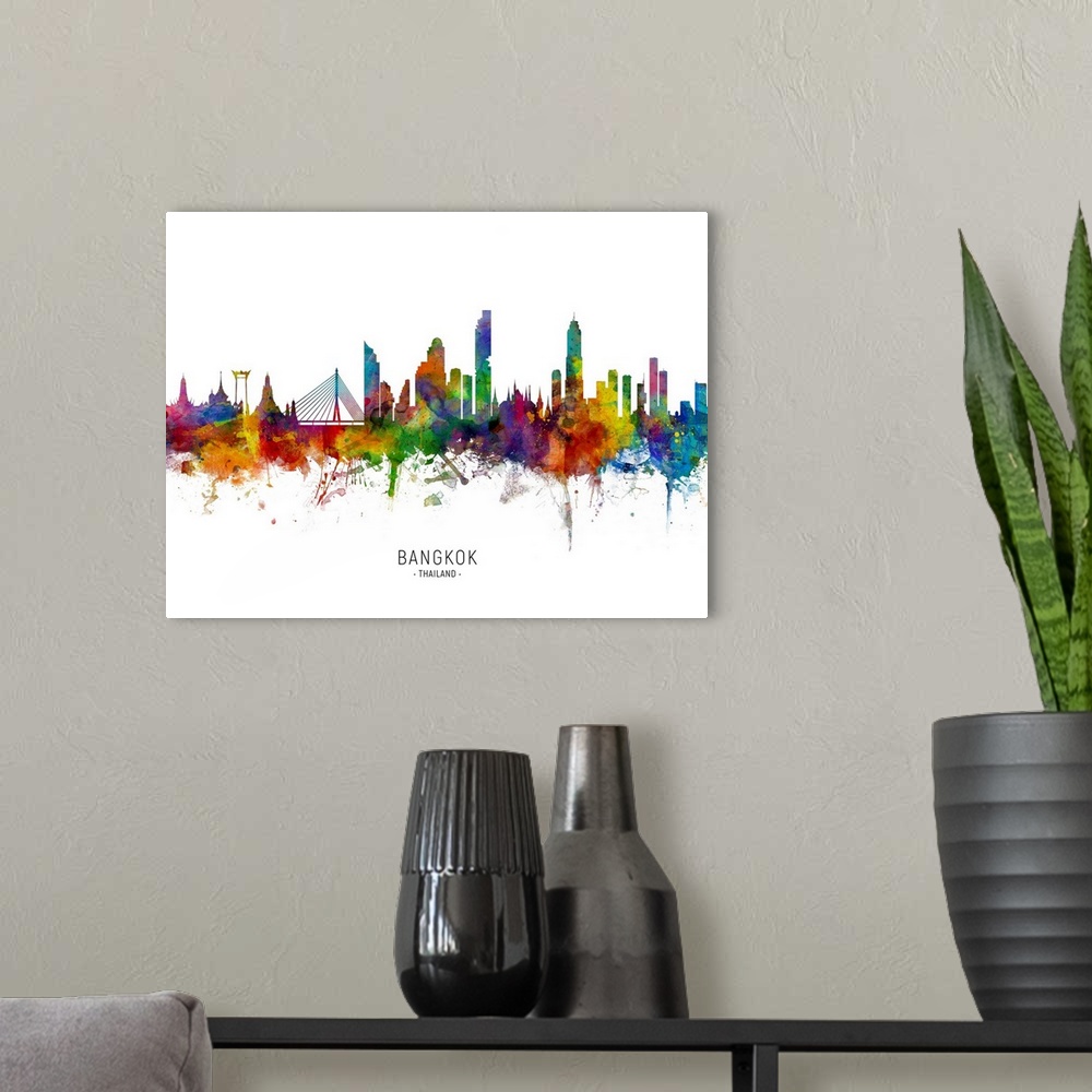 A modern room featuring Watercolor art print of the skyline of Bangkok, Thailand.