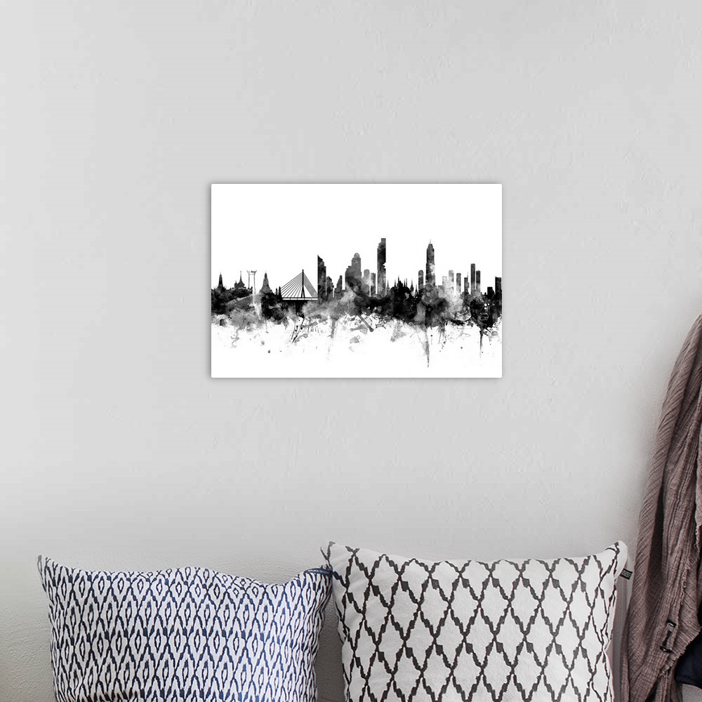A bohemian room featuring Watercolor art print of the skyline of Bangkok, Thailand.