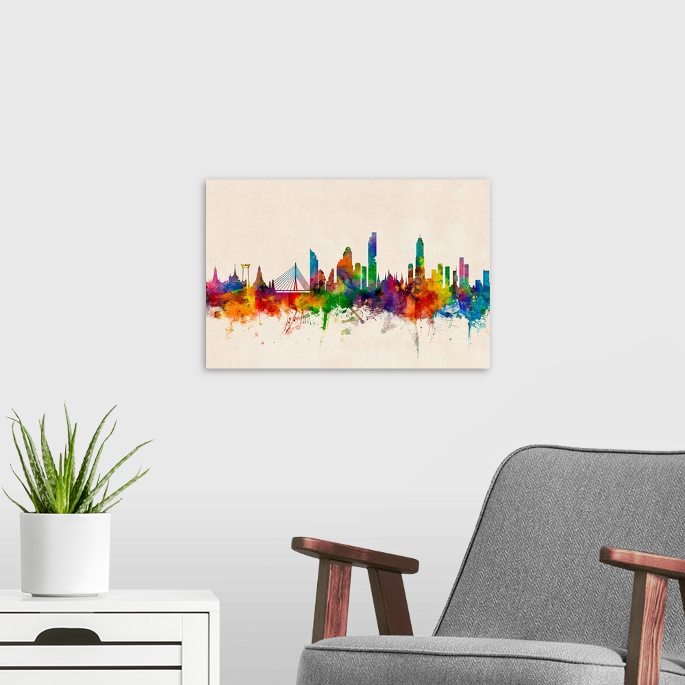 A modern room featuring Watercolor art print of the skyline of Bangkok, Thailand.